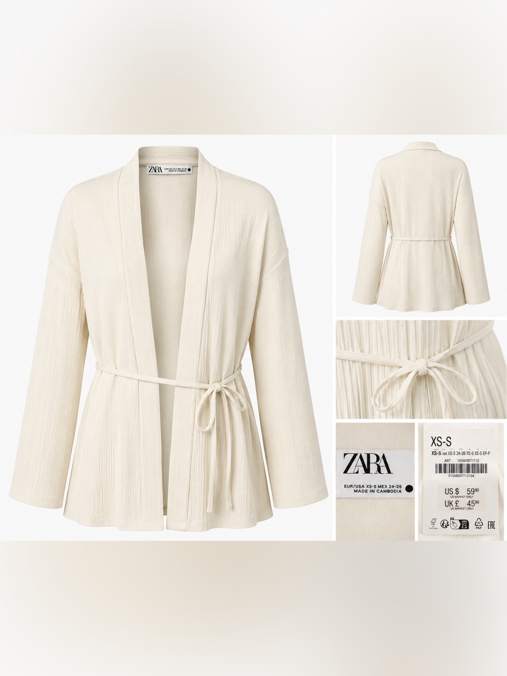 Zara NWT Ivory Pleated Tie Waist Open Front Cardigan XS/S